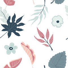 Tropical seamless pattern with flowers and leaves