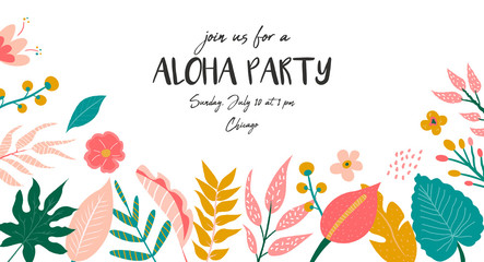 Trendy summer tropical banner for aloha party - obrazy, fototapety, plakaty