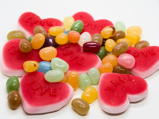 Colorful and lovely collection of sweet jelly(jelly bean, heart shaped jelly, sunny side up egg shaped jelly) - Powered by Adobe