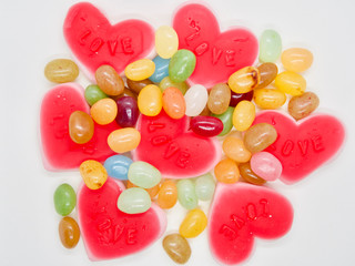 Colorful and lovely collection of sweet jelly(jelly bean, heart shaped jelly, sunny side up egg shaped jelly)