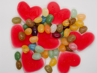 Colorful and lovely collection of sweet jelly(jelly bean, heart shaped jelly, sunny side up egg shaped jelly)