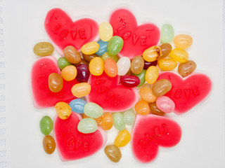 Colorful and lovely collection of sweet jelly(jelly bean, heart shaped jelly, sunny side up egg shaped jelly)