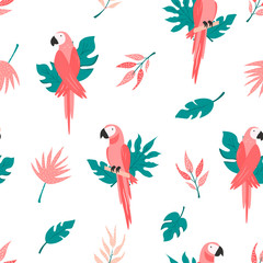 Tropical seamless pattern with birds and leaves