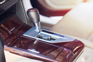 Automatic gear stick inside modern car,Car automatic gear ,car interior details, close up 