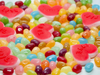 Colorful and lovely collection of sweet jelly(jelly bean, heart shaped jelly, sunny side up egg shaped jelly)