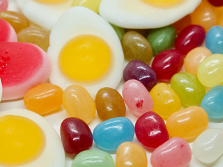 Colorful and lovely collection of sweet jelly(jelly bean, heart shaped jelly, sunny side up egg shaped jelly)