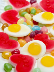 Colorful and lovely collection of sweet jelly(jelly bean, heart shaped jelly, sunny side up egg shaped jelly)