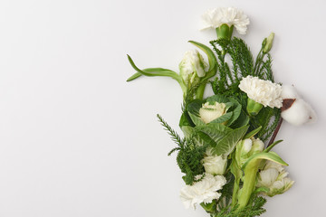 close-up view of beautiful tender white flower bouquet isolated on grey