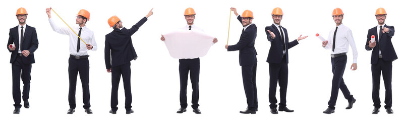 panoramic photo collage of architect expert isolated on white