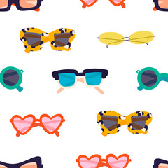 Various trendy sunglasses. Different shapes. Hand drawn colored vector seamless pattern