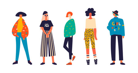 Five girls dressed in trendy clothes standing in various poses. Girl power concept. Female cartoon characters. Hand drawn colored vector set. All elements are isolated