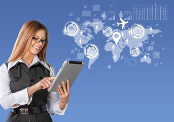 Businesswoman holding tablet pc isolated