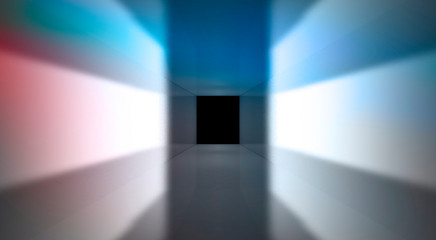 The background is an empty tunnel. Glossy finish. Laser square figure in the center of the room. 3d illustration