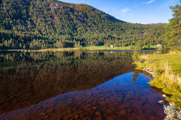 Norwegian landscape with crystal clear mountain lake