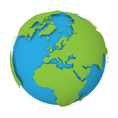 Natural Earth globe. 3D world map with green lands dropping shadows on blue seas and oceans. Vector illustration