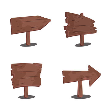 Wood signs set. Wooden boards, signposts, signages, plates, arrows. Brown planks. Blank wood signboards and banners. Vector illustration.