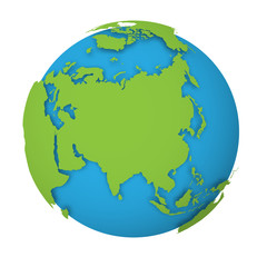 Natural Earth globe. 3D world map with green lands dropping shadows on blue seas and oceans. Vector illustration