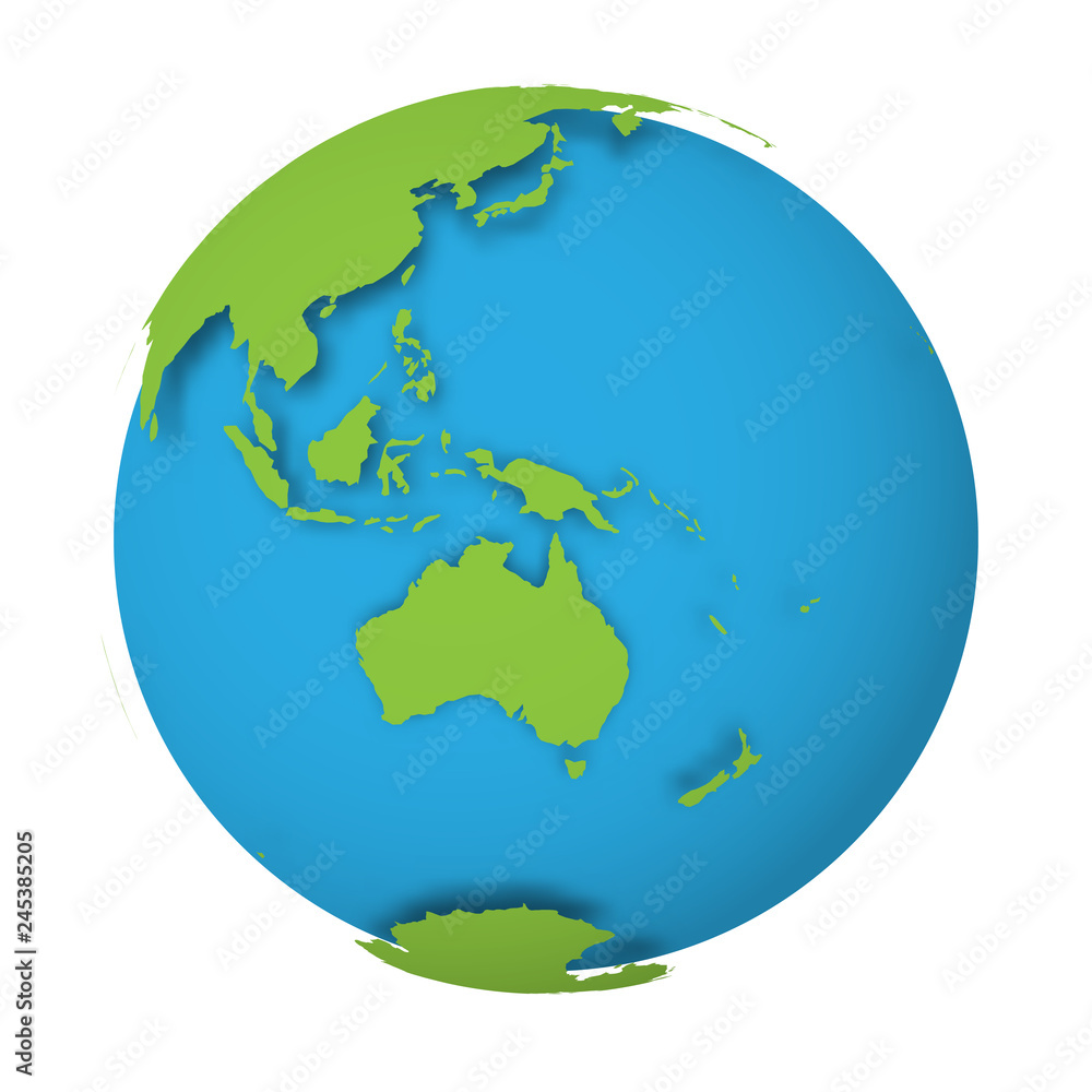 Wall mural natural earth globe. 3d world map with green lands dropping shadows on blue seas and oceans. vector 