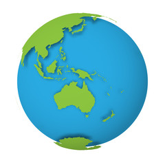 Natural Earth globe. 3D world map with green lands dropping shadows on blue seas and oceans. Vector illustration