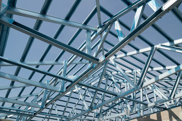 Structure of steel roof frame for building construction.