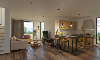 Open Concept Kitchen and Lounge by the Stairs 3D Rendering