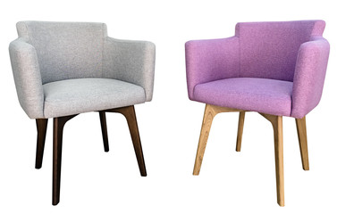 Two lilac and gray modern chairs with wingback side view isolated white background