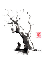 Man mediating uner tree Japanese style original sumi-e ink painting.