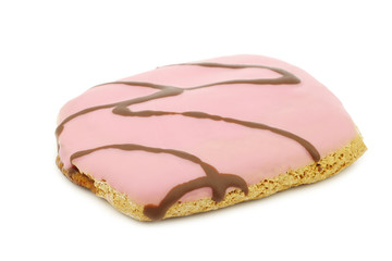 Obraz na płótnie Canvas freshly baked pink glazed cake with chocolate dressing on a white background