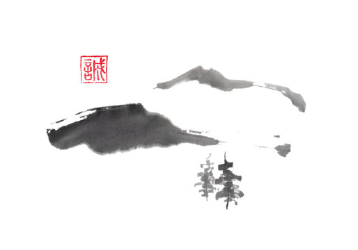 Minimalistic winter mountain landscape, Japanese style sumi-e ink painting.