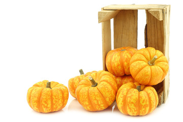 Small yellow and orange pumpkins in a wooden crate on a white background