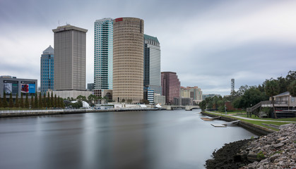 Downtown Tampa and the Hillsborough River along the Riverwalk in Tampa, Florida