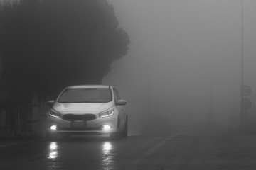 Obraz na płótnie Canvas A white car with white lights on the wet road in the fog. Black and white photo