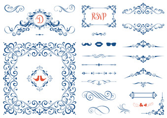 Vintage ornate frames, decorative ornaments, flourish and scroll elements. 