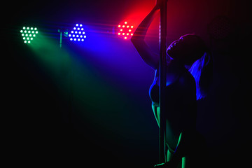 Young slim pole dance woman in bright interior