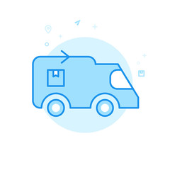 Delivery Truck Flat Vector Icon, Symbol, Pictogram, Sign. Light Blue Monochrome Design. Editable Stroke
