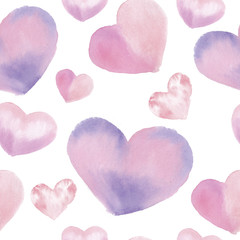 seamless watercolor pattern, pink hearts, hand-drawn, isolated on white background