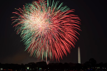Fourth of July fireworks on the National Park tidal basin, with the Washington Monument in...