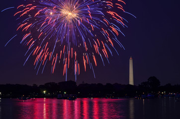 Fourth of July fireworks on the National Park tidal basin, with the Washington Monument in...
