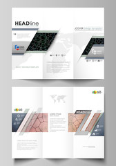 Tri-fold brochure business templates on both sides. Abstract vector layout in flat design. Chemistry pattern, molecular texture, polygonal molecule structure, cell. Medicine, microbiology concept.
