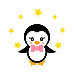 cartoon cute penguin with tie and stars