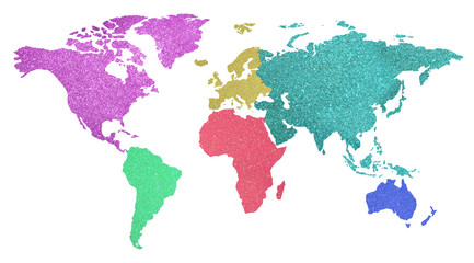 world map with colorful continents with glittery background on w