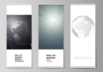Vector layout of roll up banner stands, vertical flyers, flags design business templates. Futuristic design with world globe, connecting lines and dots. Global network connections, technology concept.