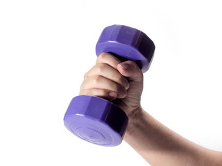 Man's hand holding violet dumbbell isolated on white background. Close up. Concept of healthy lifestyle