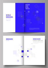 The vector layout of two A4 format modern cover mockups design templates for bifold brochure, magazine, flyer, booklet, annual report. Abstract vector background with fluid geometric shapes.