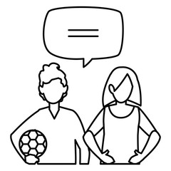 young couple with speech bubble characters