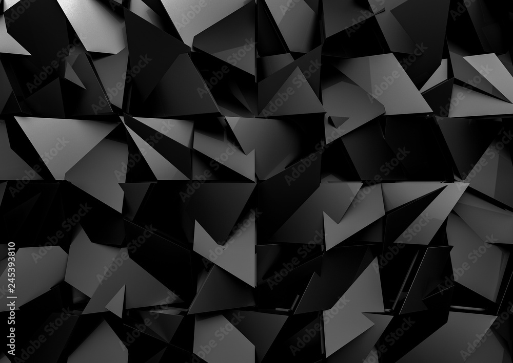 Poster 3d rendering. futuristic dark black mix polygon shape pattern for modern design wall background.