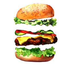 Fresh burger ingredients, tasty hamburger, fresh burger with lettuce, cheese, tomato, meat, cucumber, bun, fast food, isolated, hand drawn watercolor illustration on white background
