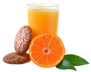 Fresh orange juice and oatmeal cookies isolated
