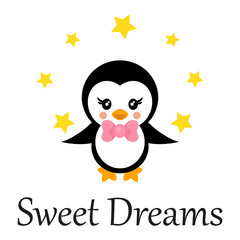 cartoon cute penguin with tie and stars and text