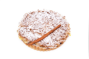 Delicious cinnamon cake isolated on white background .